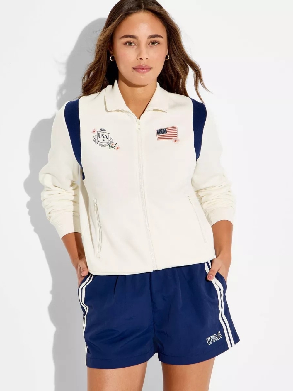 USA Embroidered Cream Zip-Front Sweater